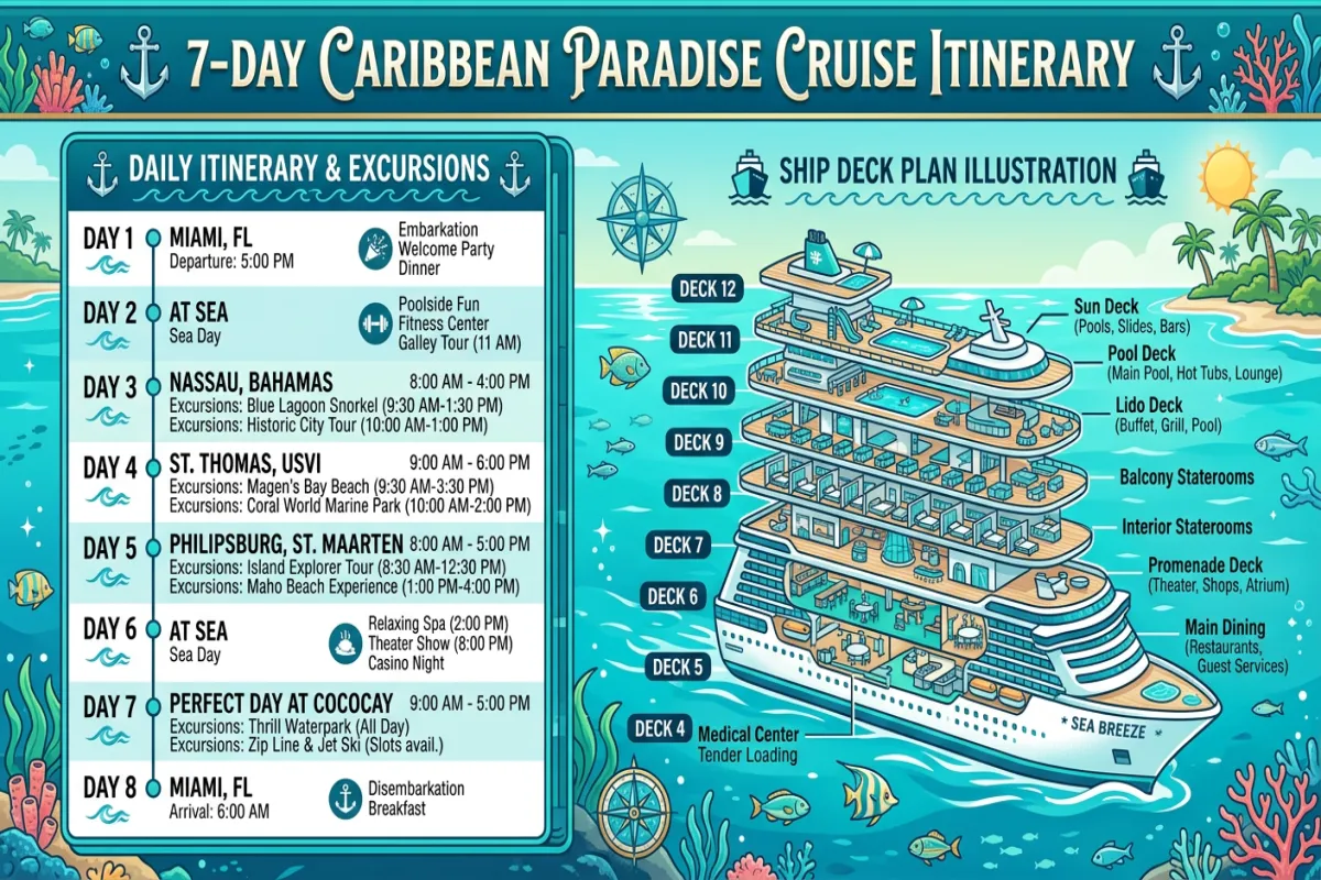 Cruise itinerary template with port and sea day schedule