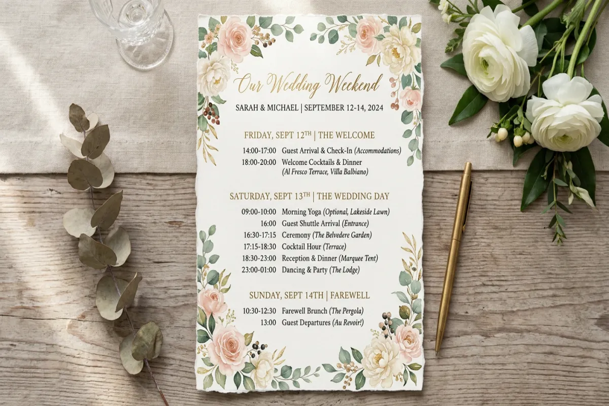 Destination wedding itinerary template with event schedule