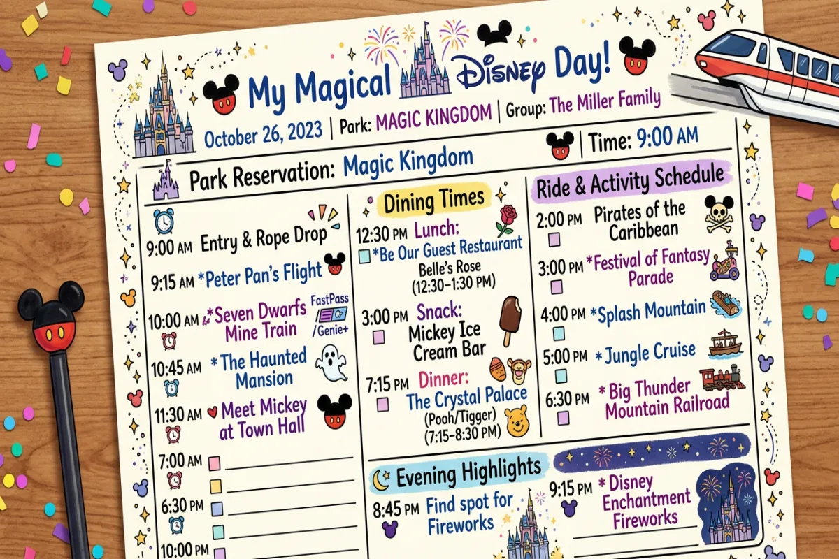 Disney itinerary template with park schedule
