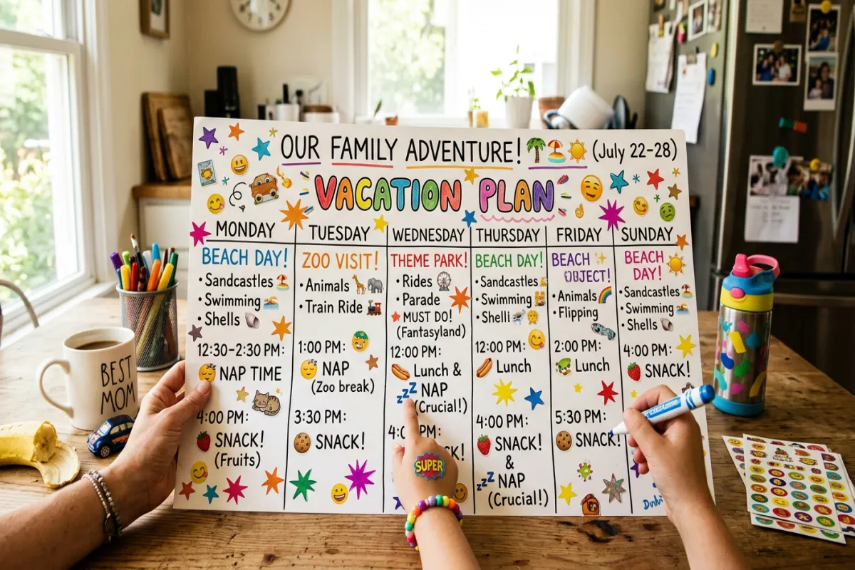 Family vacation itinerary template with kid-friendly schedule