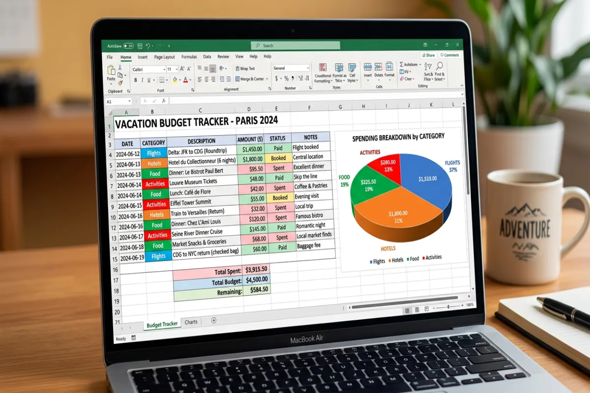 Travel budget template with spending breakdown chart