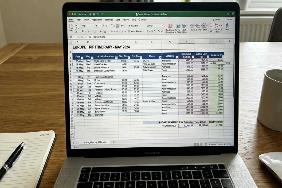 Travel itinerary template for Excel with budget formulas