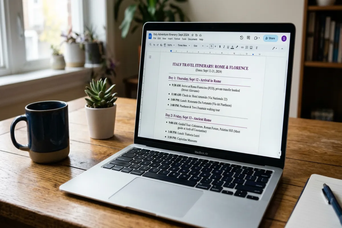 Travel itinerary template in Google Docs