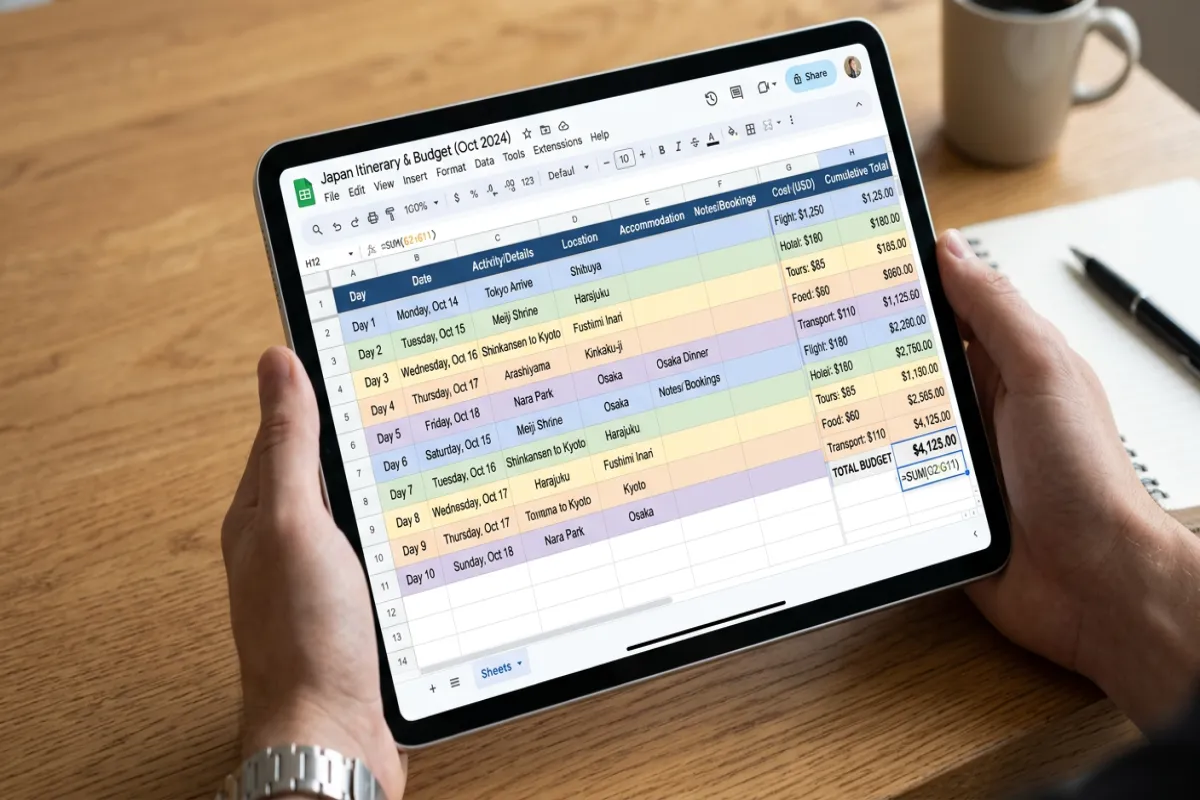 Travel itinerary template in Google Sheets with budget