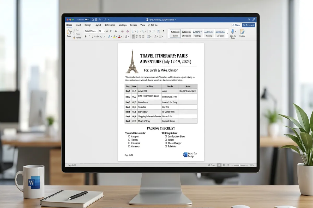 Travel itinerary template for Word document