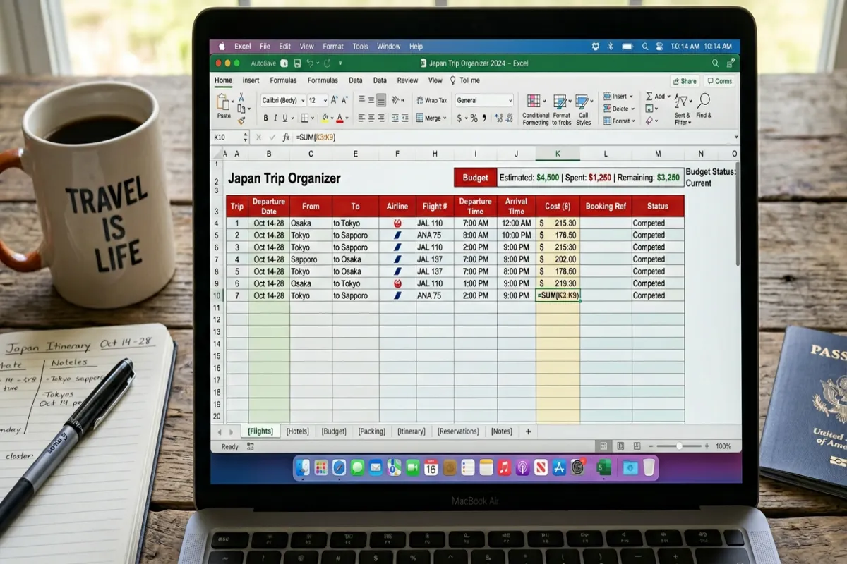 Travel planner Excel template with formulas and checklists