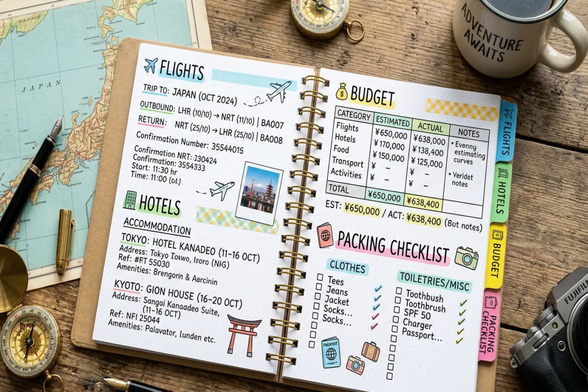 Travel planner template with organized sections