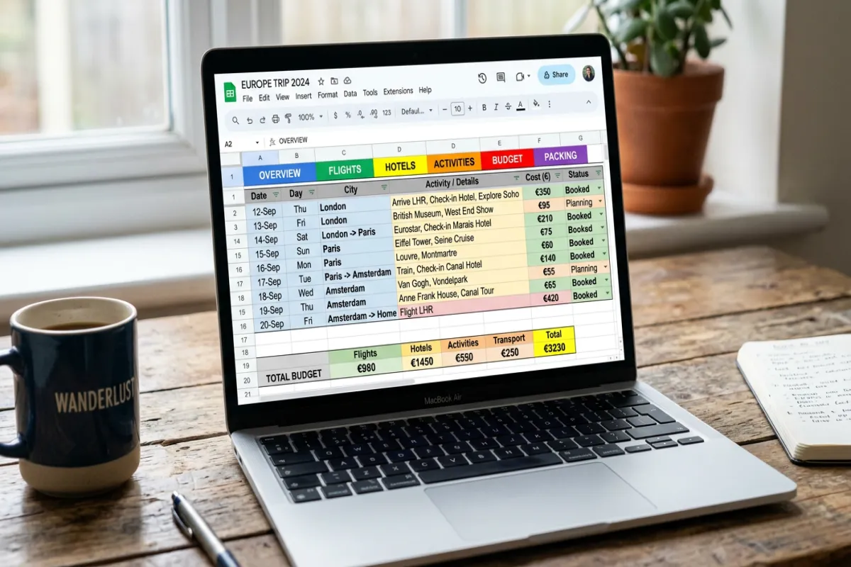 Trip planning spreadsheet in Google Sheets