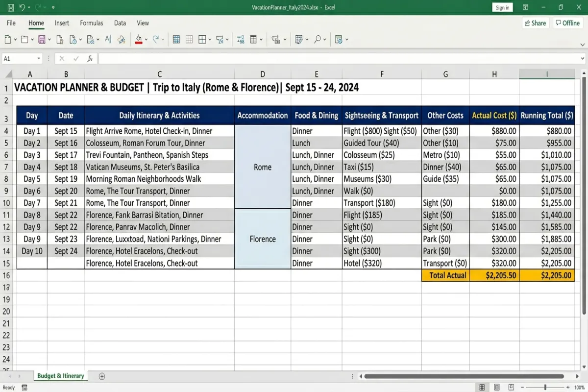 Vacation itinerary Excel template with budget tracking