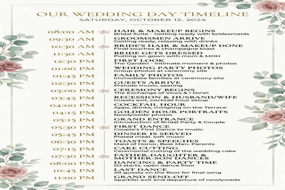 Wedding day timeline template with hour-by-hour schedule