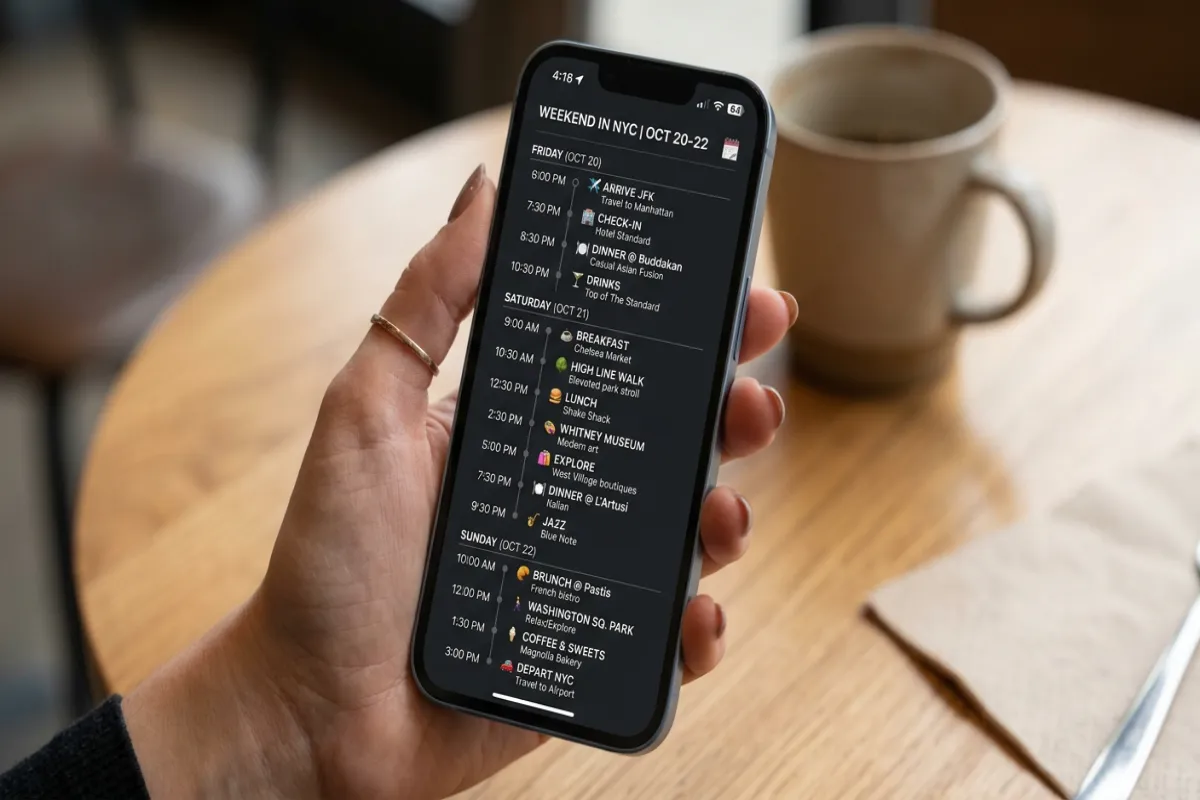 Weekend trip itinerary template on phone